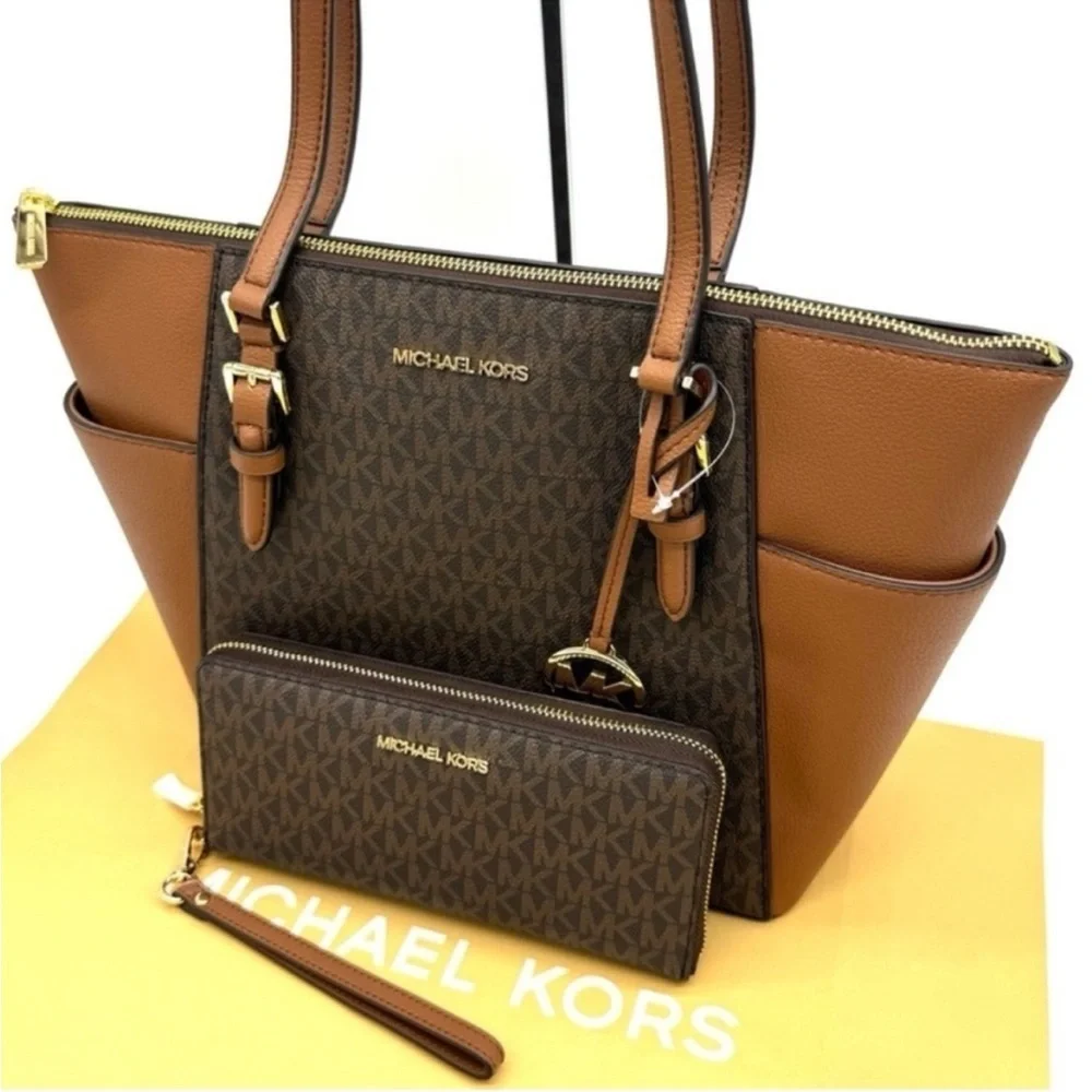 Michael Kors Large Charlotte Tote Bag & Continental Wallet Luggage Brown